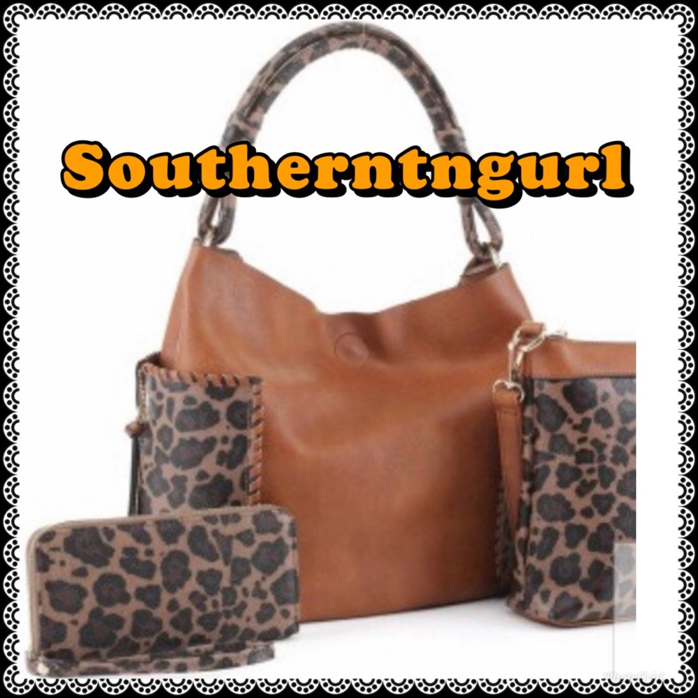 NWT Large Tan Leather Cheetah Shoulder bag / Crossbody/ Wallet 3 Piece Set